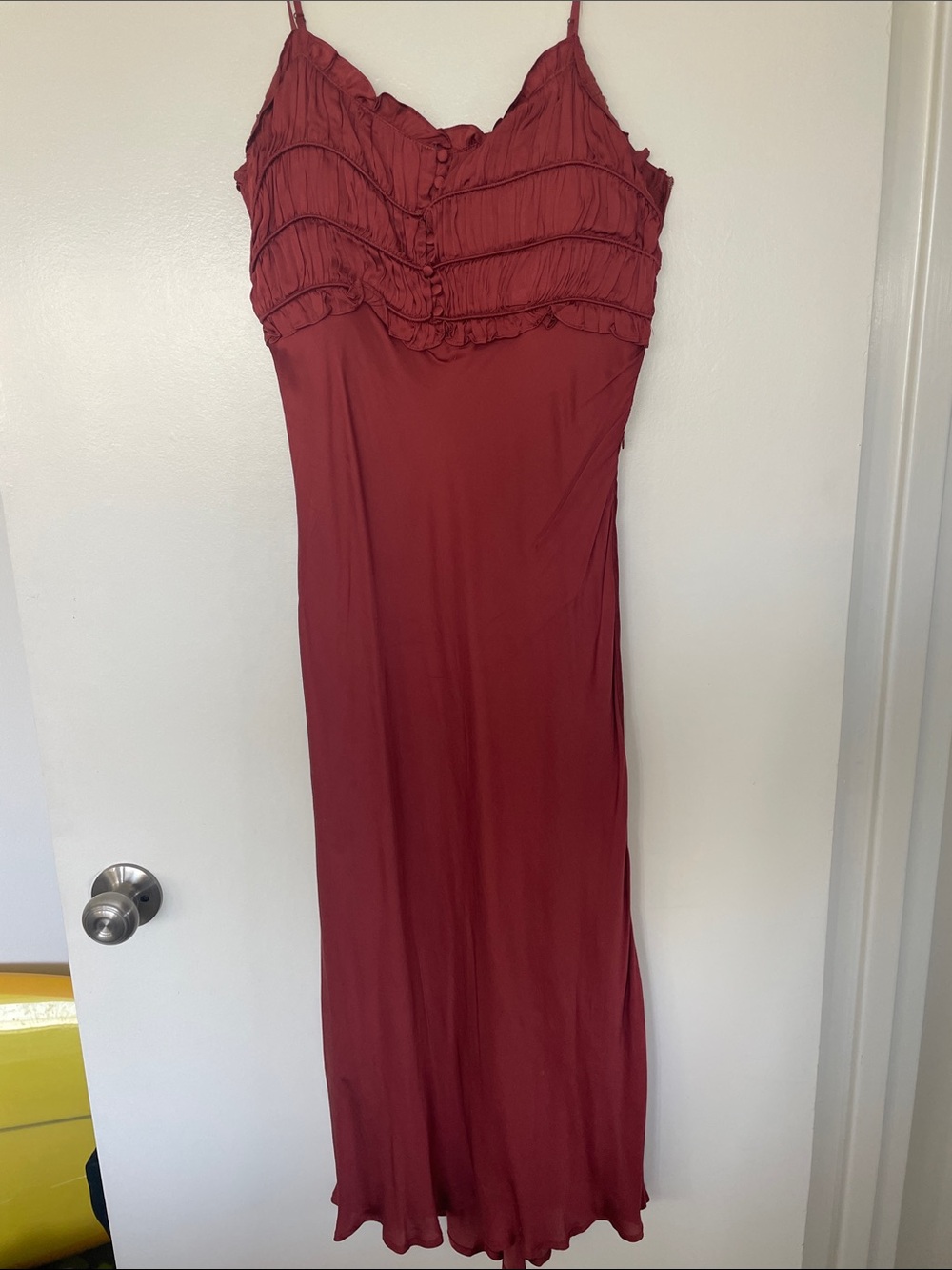Astr Ruffled Spaghetti Strap Maxi Dress in Burgundy